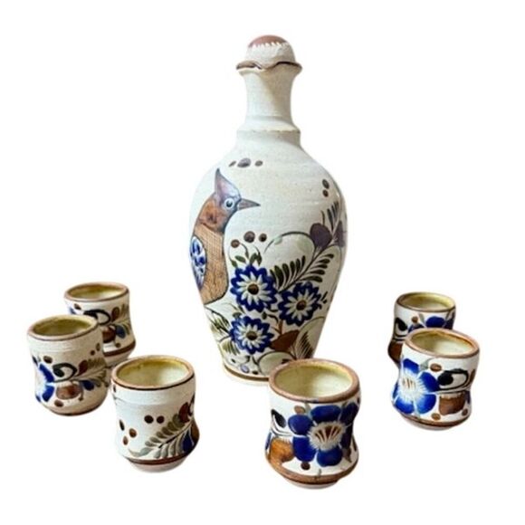 Tonala Mexican Folk Art Pottery Pitcher Decanter & 6 Shot Glasses Cups Bird - Picture 1 of 10